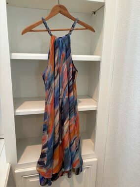 RACHEL Rachel Roy silk dress watercolor print,halter neck braided boho flowy